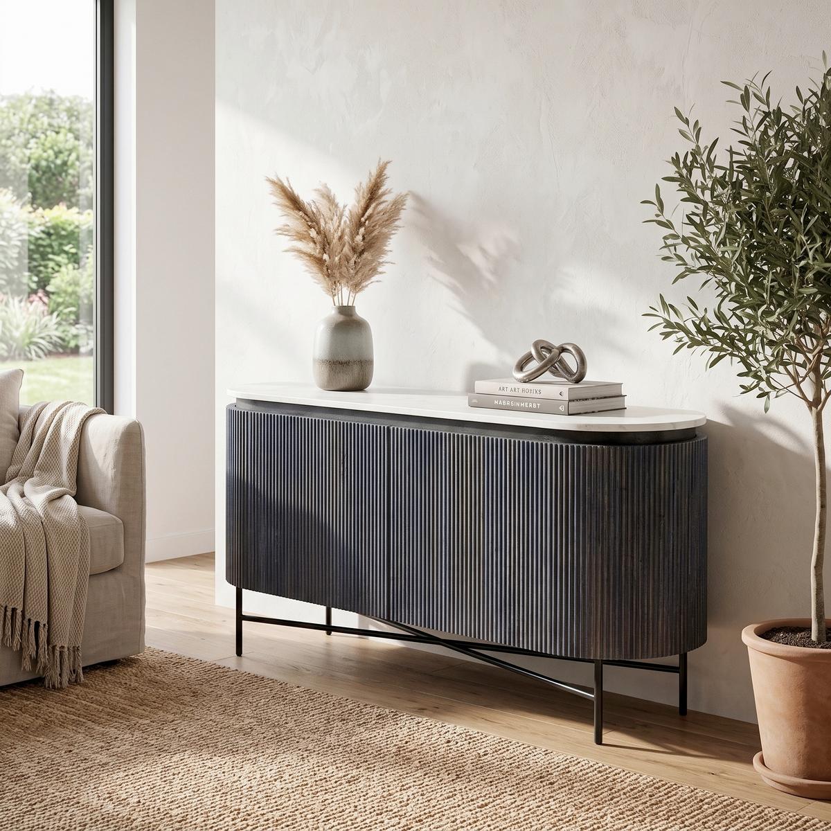 Sideboard 160 cm Mangoholz Anthrazit Marmor/Weiß - Anthrazit/Schwarz, Trend, Holz/Holzwerkstoff (160/75/45cm) - Kare-Design