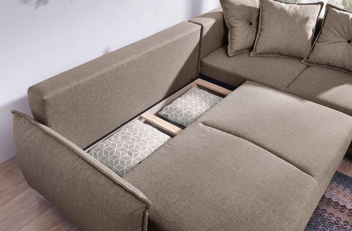 Ecksofa mit Schlaffunktion und Bettkasten Lazy Lukka Webstoff - Hellbraun/Beige, Basics, Textil (235/190cm) - MID.YOU