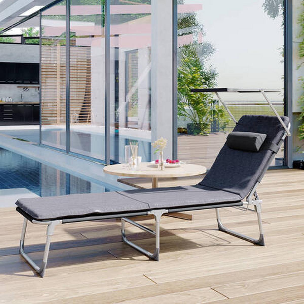 Sonnenliege Hellgrau inkl. Sonnendach, B: 53 cm - Hellgrau, Basics, Textil/Metall (53/29,5/193cm) - Modante