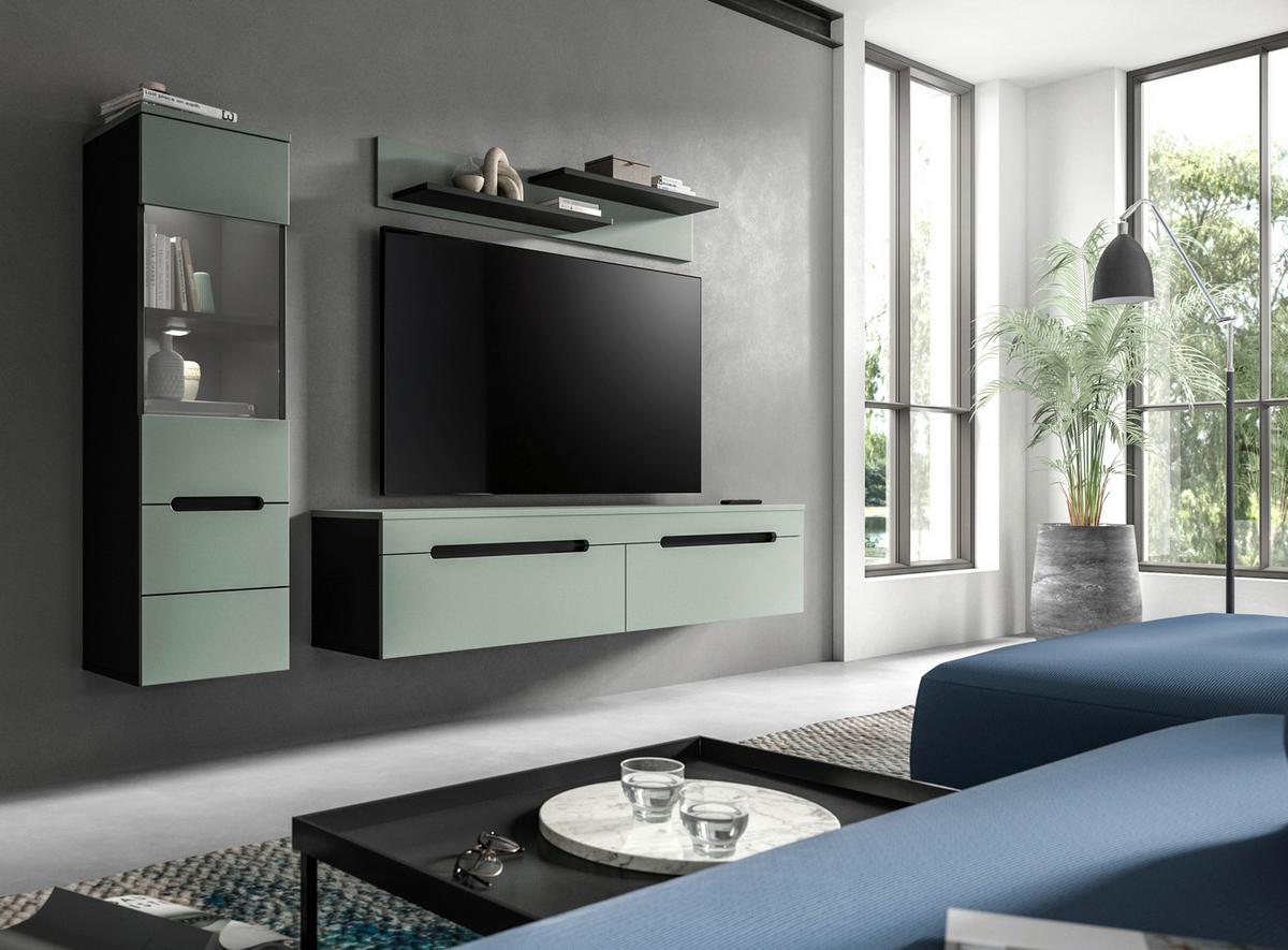 WOHNWAND Canu Graugrün B: 221cm - Schwarz/Graugrün, Design, Holzwerkstoff (221/141/33cm) - Livetastic