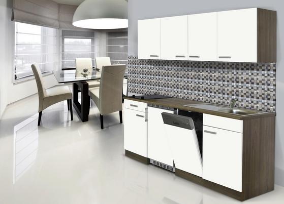 Praktische Küchenzeile mit weißen Fronten und Korpus in Eiche Dekor Praktische Küchenzeile mit weißen Fronten und Korpus in Eiche Dekor