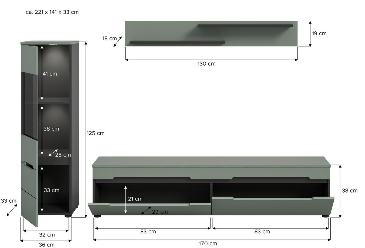 WOHNWAND Canu Graugrün B: 221cm - Schwarz/Graugrün, Design, Holzwerkstoff (221/141/33cm) - Livetastic