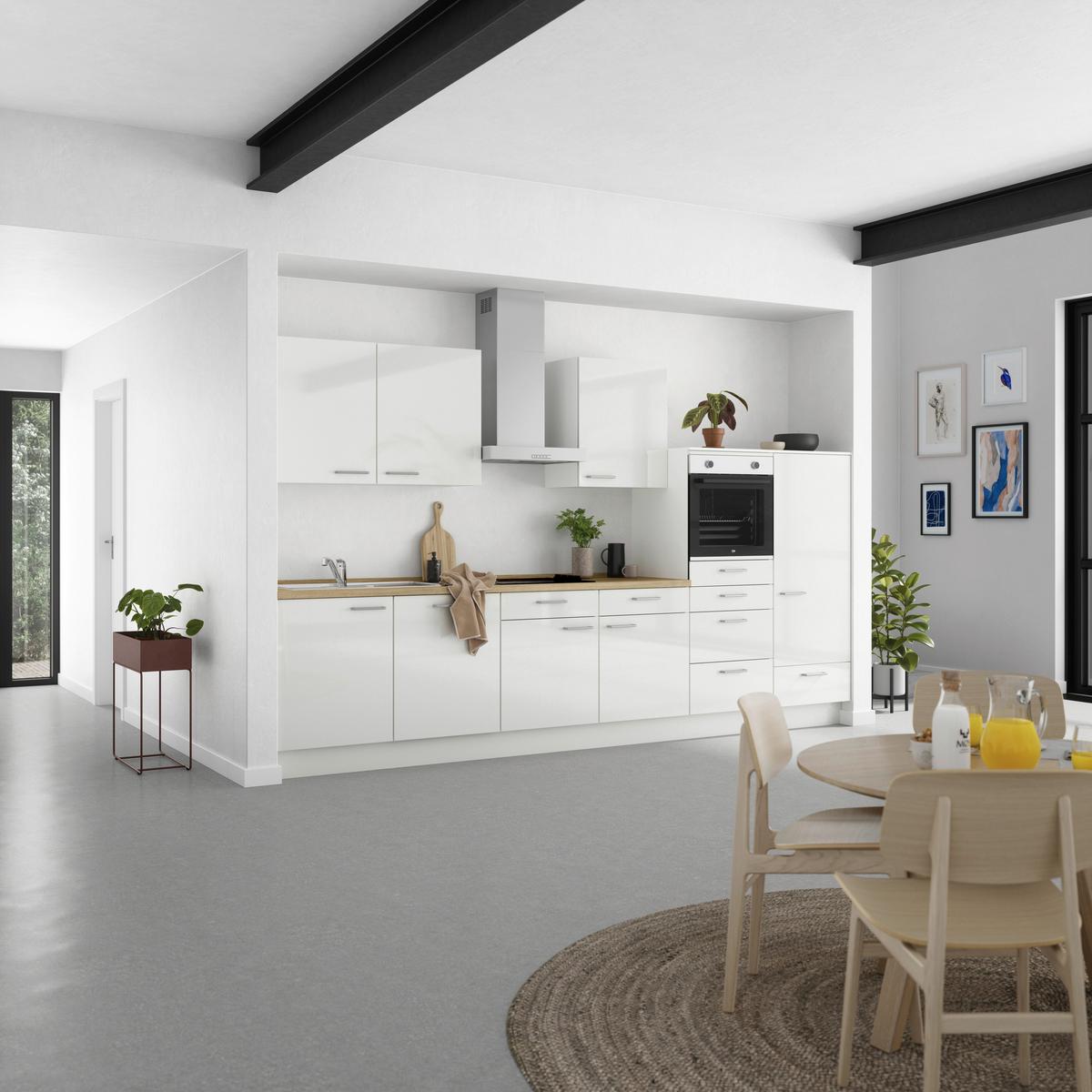 Kuchyňská linka 360 cm, alpská bílá vysoký lesk - barvy dubu/vysoce lesklá bílá, Moderní, kov/kompozitní dřevo (360cm) - Nobilia