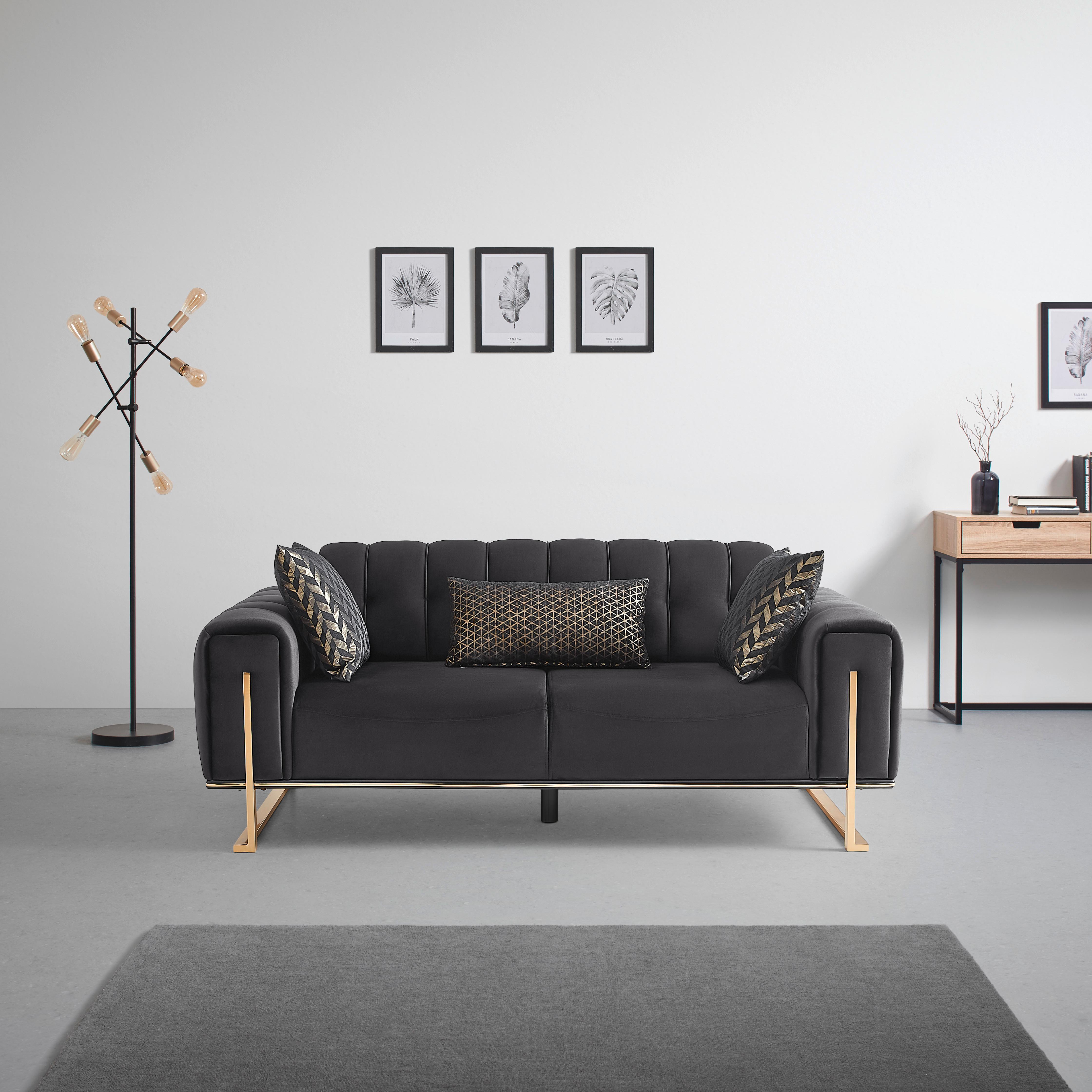 Dvojmiestna pohovka AILE, čierny zamat, s vankúšmi - čierna/zlatá, Lifestyle, textil (190/80/90cm) - Mömax