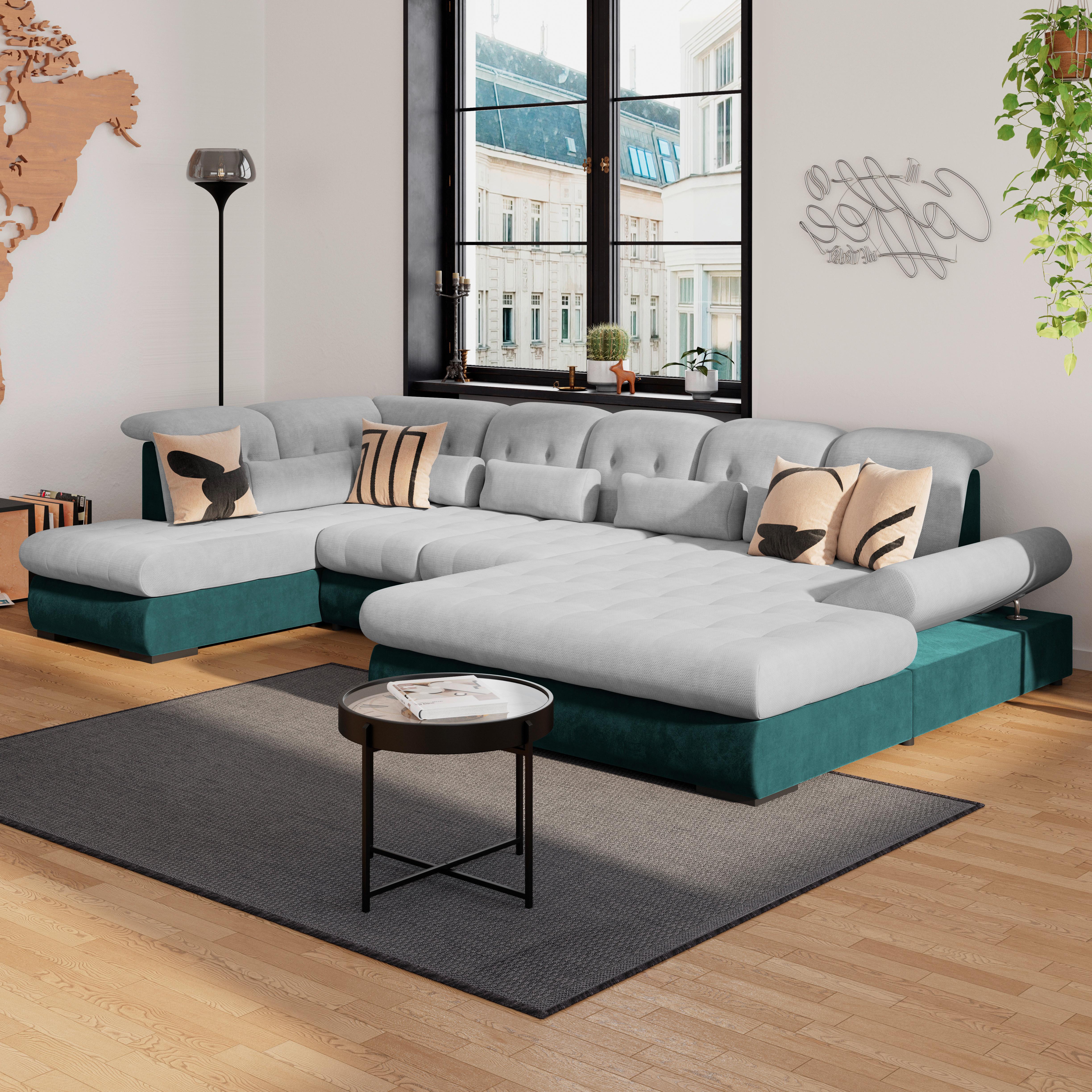 Wohnlandschaft Madera Silberfarben S: 212x358 Cm - Türkis/Silberfarben, KONVENTIONELL, Kunststoff/Textil (212/358/190cm)