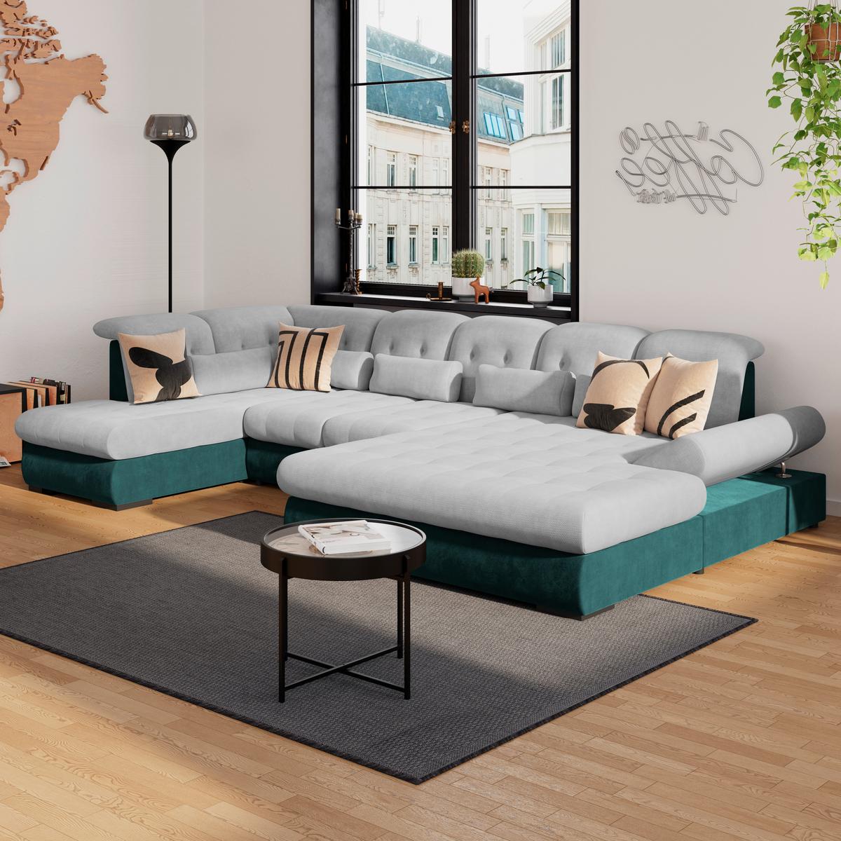 Wohnlandschaft Madera Silberfarben S: 212x358 cm - Türkis/Silberfarben, KONVENTIONELL, Kunststoff/Textil (212/358/190cm)
