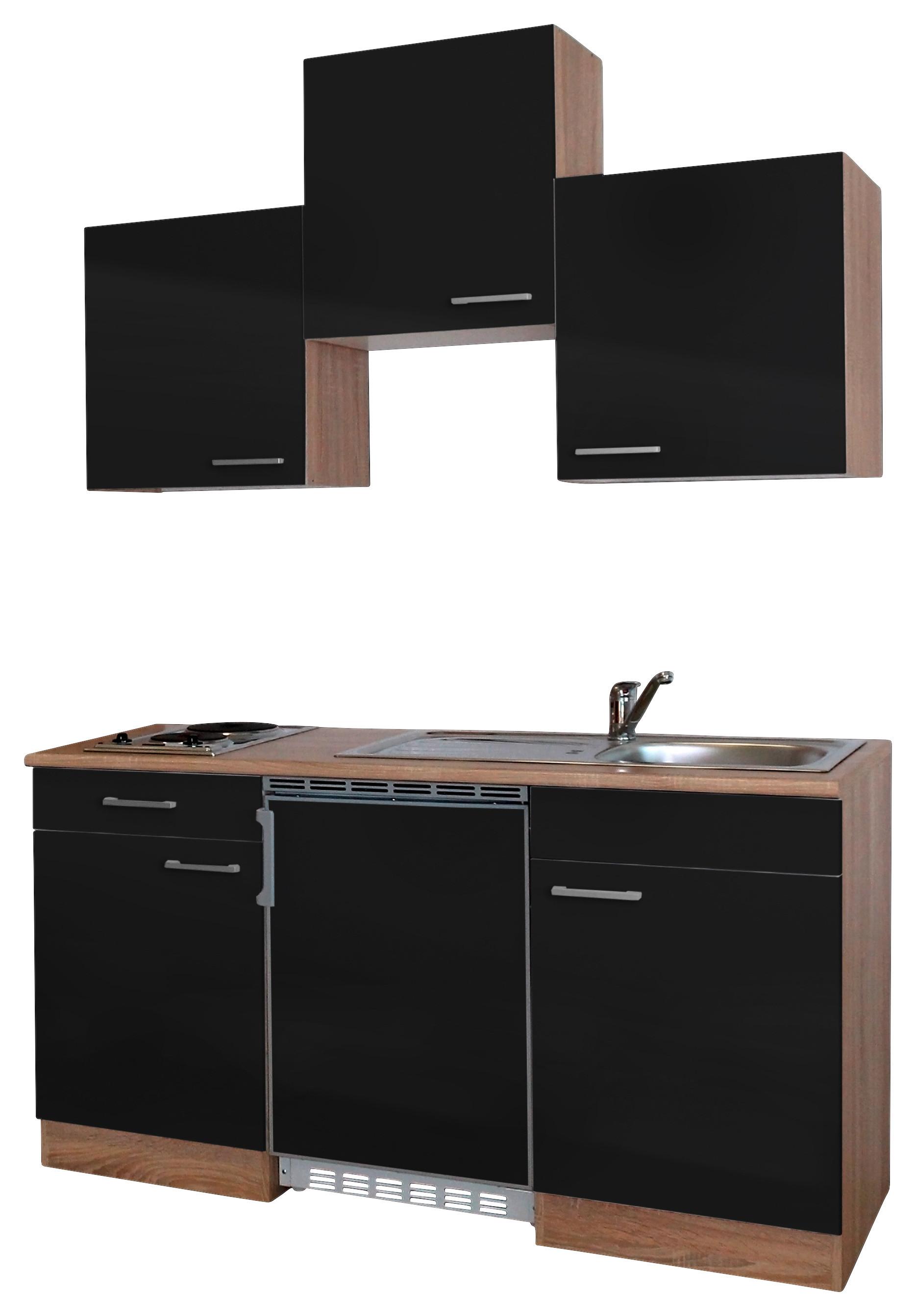 Miniküche mit Kühlschrank + Kochfeld 150 cm Schwarz/Eiche - Eichefarben/Schwarz, Basics, Holzwerkstoff (150cm) - Respekta