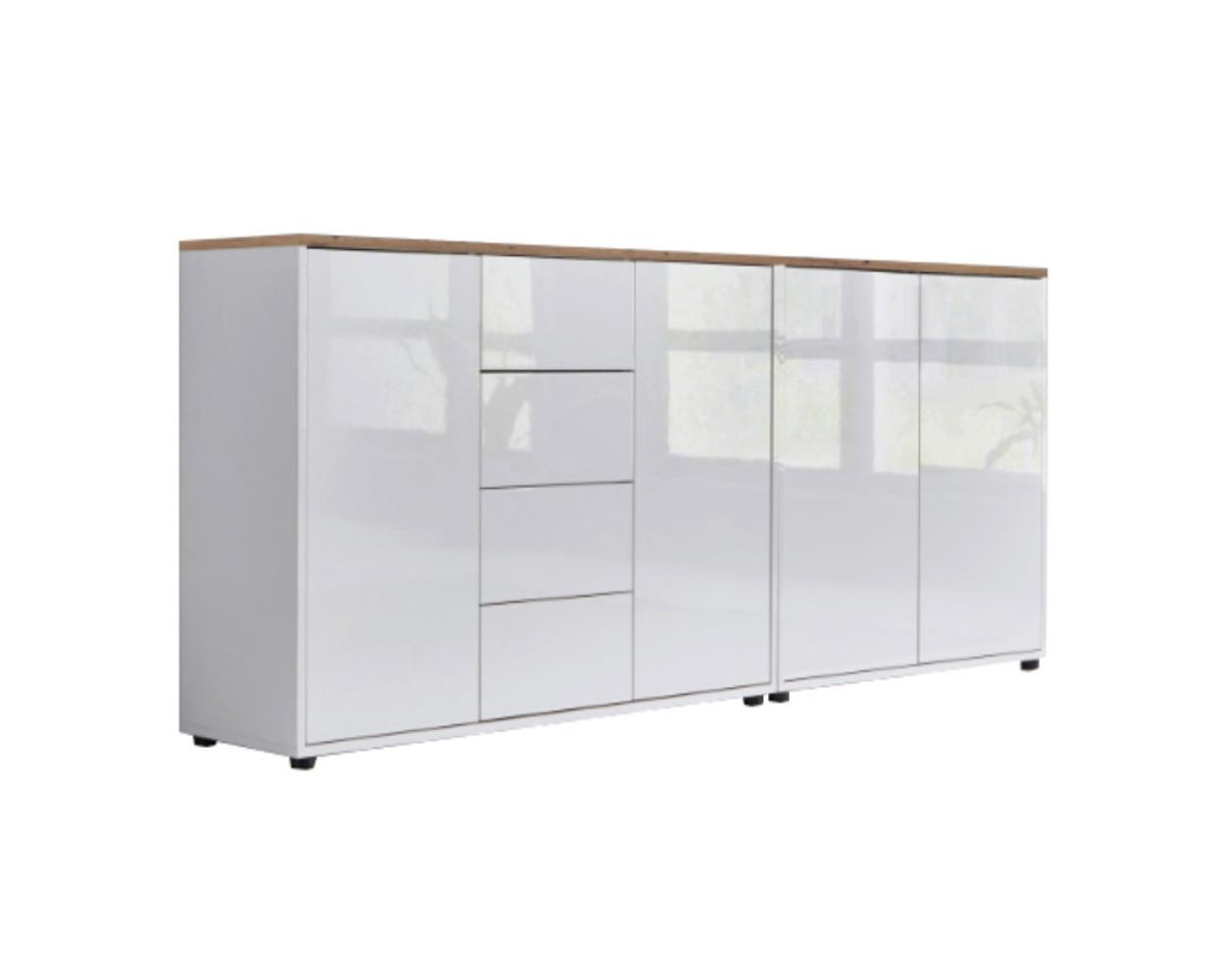 Sideboard Mailand Weiß/Eiche Artisan B: 185 cm - Weiß Hochglanz/Schwarz, MODERN, Holzwerkstoff (185/73/33cm) - MID.YOU