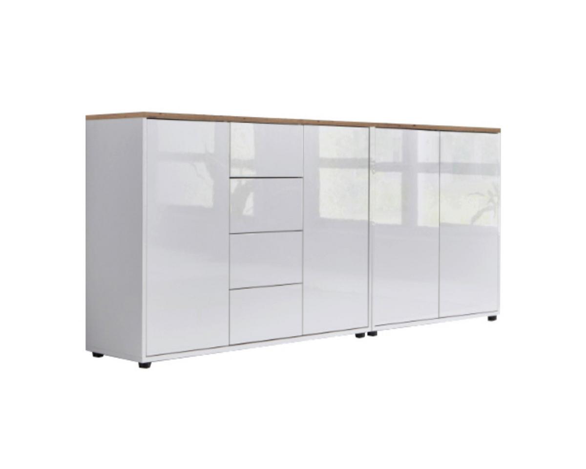 Sideboard Mailand Weiß/Eiche Artisan B: 185 cm - Weiß Hochglanz/Schwarz, MODERN, Holzwerkstoff (185/73/33cm) - MID.YOU