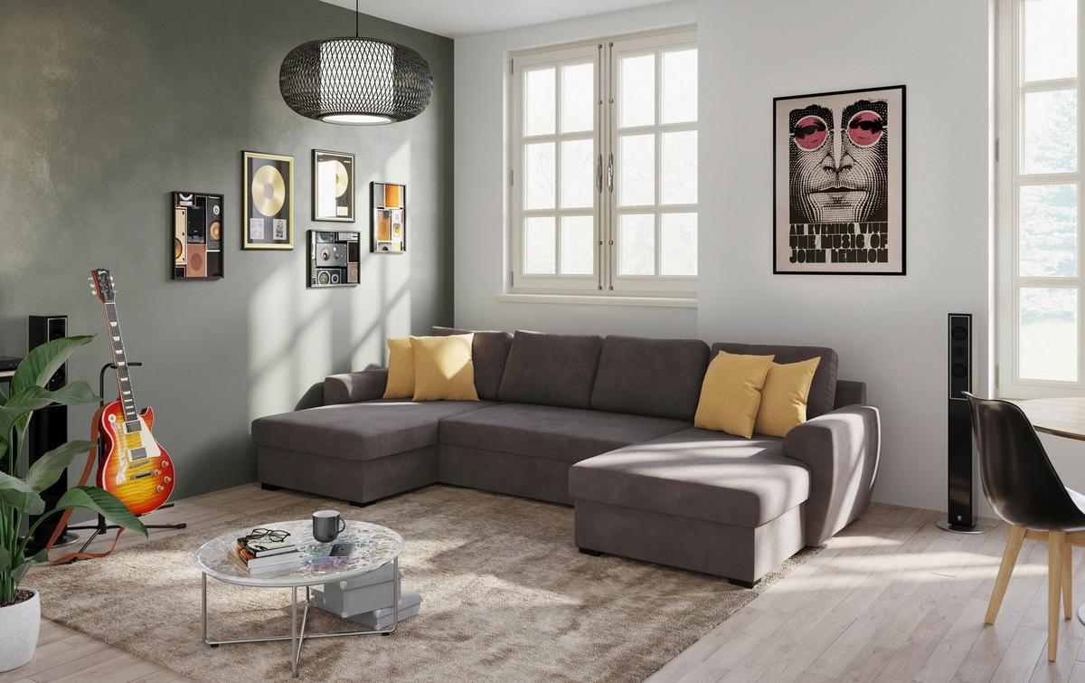 Wohnlandschaft m. Bettfunktion Mikrofaser braun, B: 327cm - Schwarz/Braun, Trend, Textil (154/327/86cm) - MID.YOU