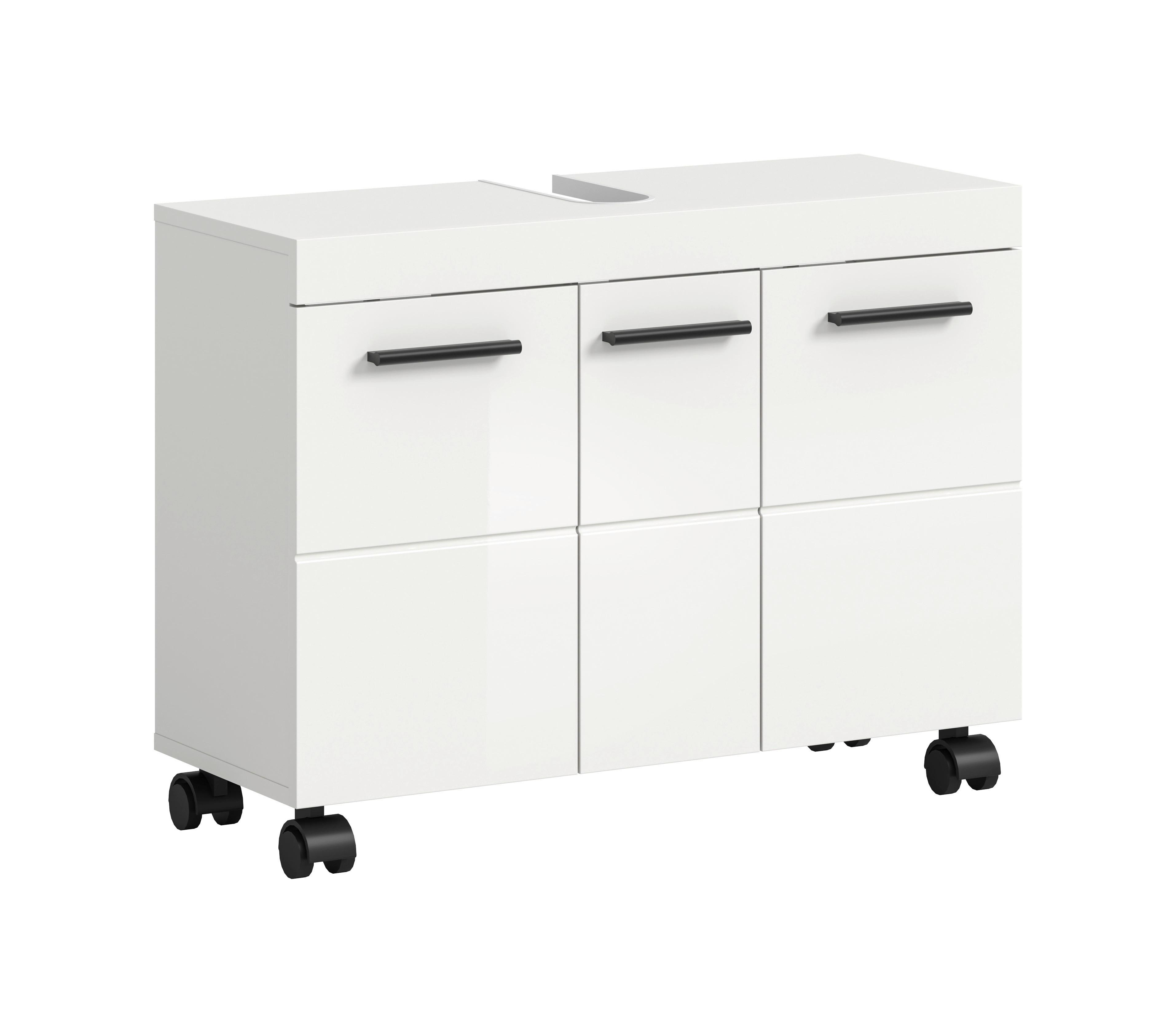 Waschbeckenunterschrank Nova Weiß B: 80cm - Weiß Hochglanz/Schwarz, Trend, Holzwerkstoff (80/58/30cm) - MID.YOU