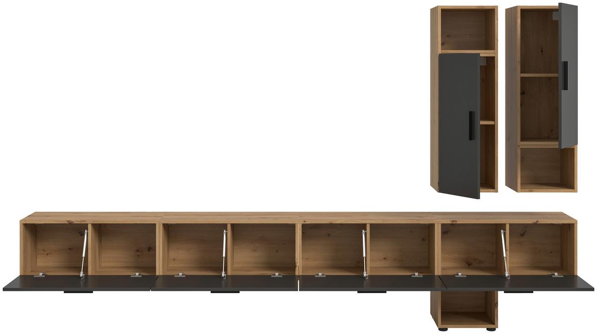 Wohnwand, The One 7, B: 300 cm Grau/Artisan Eiche Dekor - Schwarz/Eiche Artisan, Trend, Holzwerkstoff (300/178/34cm)