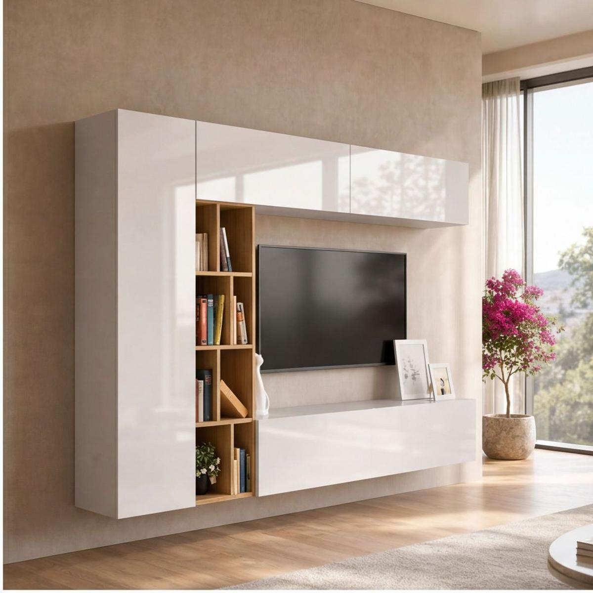 Obývacia stena BRANDY - biela s vysokým leskom/dub sonoma, Modern, kompozitné drevo (224/160/35cm) - Ti'me