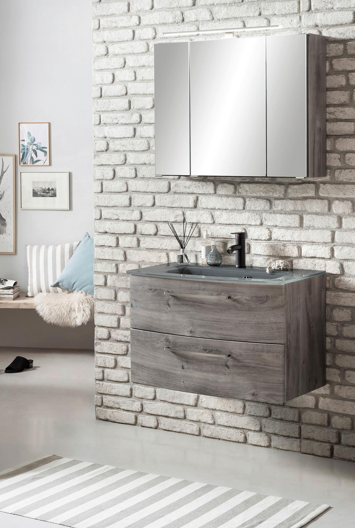 Badmöbel-set 3-tlg. Inkl. Led Stockholm 80cm Grau - Eichefarben/Eiche grau, KONVENTIONELL, Glas/Holzwerkstoff (80cm) - Held