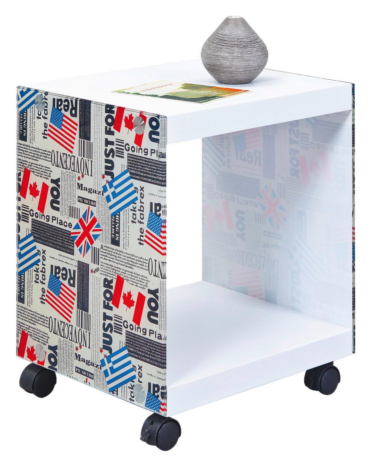 Couchtisch mit Ablagefach + Rollen Flagcube, Weiß/Mix - Blau/Rot, Basics, Glas/Holzwerkstoff (38/33,50/46cm) - MID.YOU