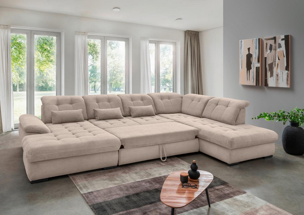 Wohnlandschaft Mit Bettkasten Rigatti Beige B: 387 Cm - Beige/Schwarz, MODERN, Textil (184/387/252cm) - Livetastic