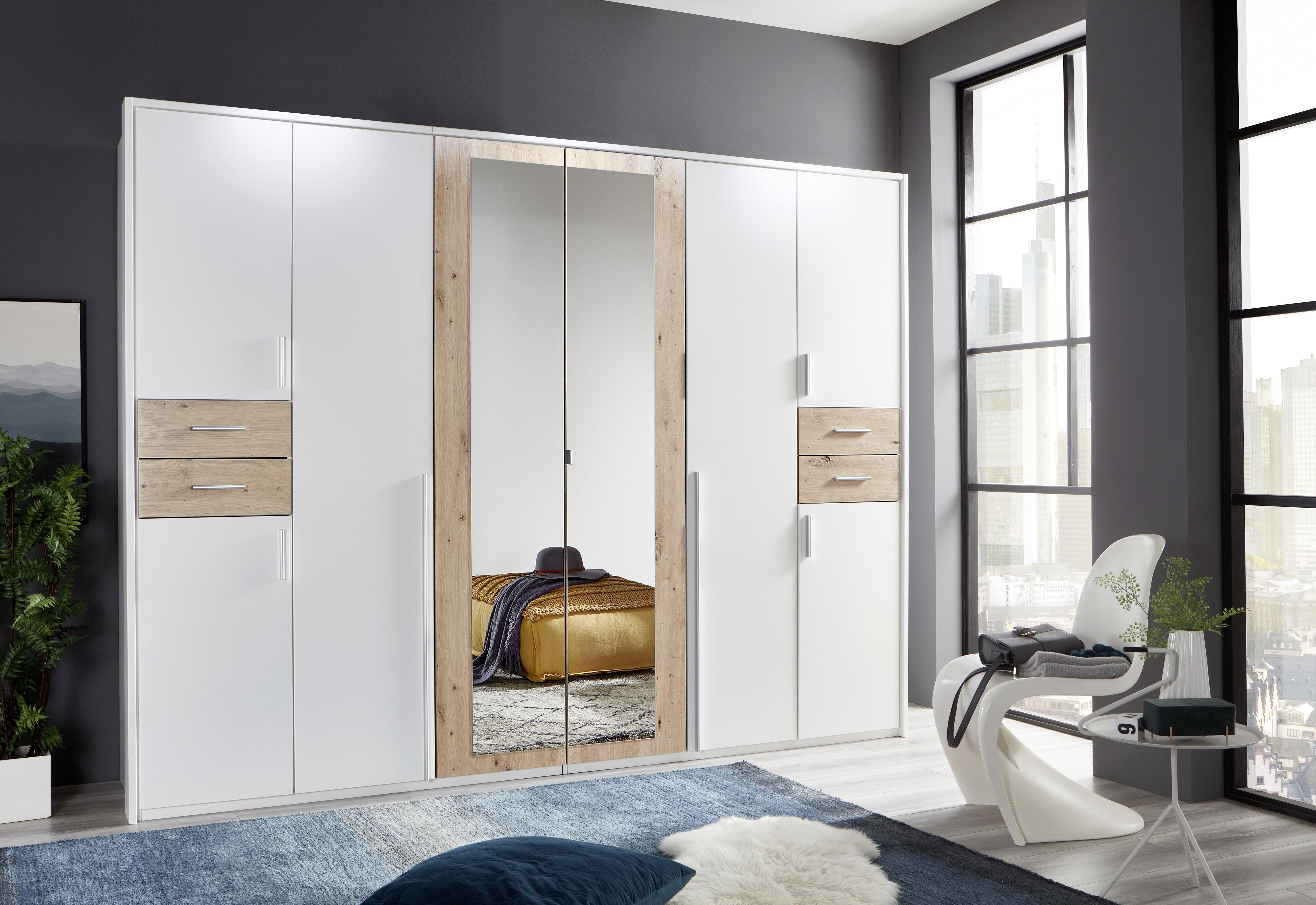 Drehtürenschrank Mit Spiegel + Laden B: 270 cm Vegas, Weiß - Eiche Artisan/Weiß, Basics, Holzwerkstoff (270/208/58cm) - MID.YOU