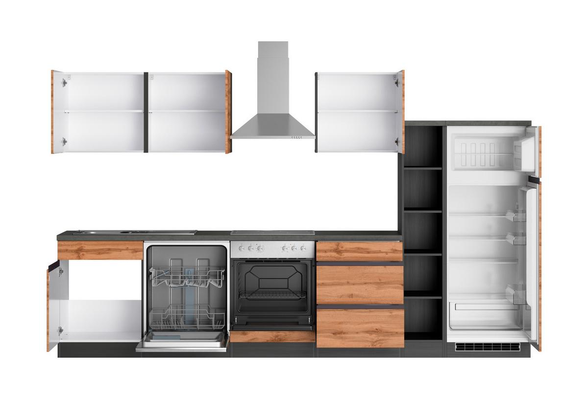 Küchenzeile Turin mit Geräte B: 330 cm Graphit/Eiche Dekor - Eiche Wotan/Graphitfarben, Design, Holzwerkstoff (330cm) - Held