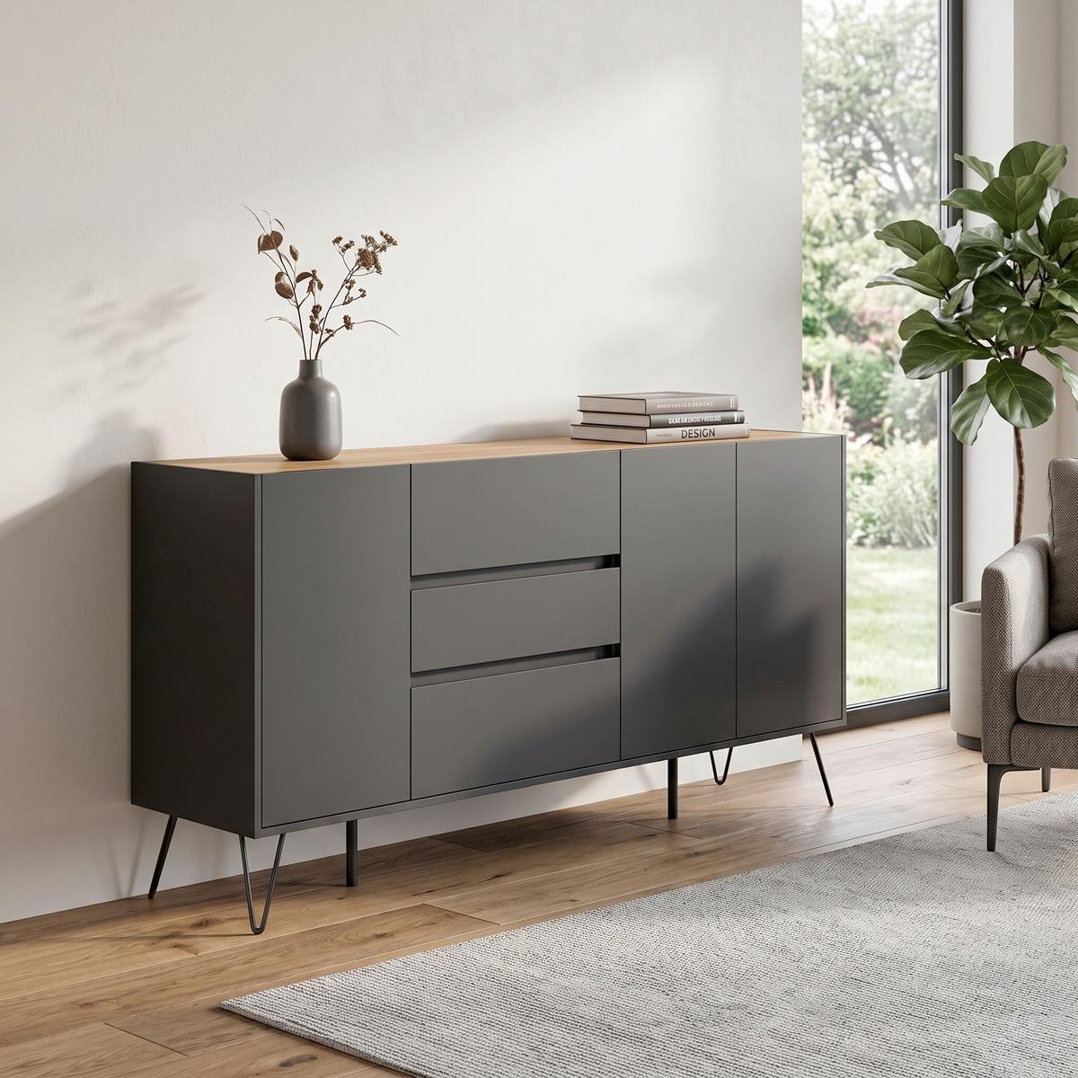 Sideboard Posseik Industrial Eichefarben/Graphitfarben B: 177cm - Eichefarben/Graphitfarben, Design, Holzwerkstoff (177/93,6/42cm) - MID.YOU