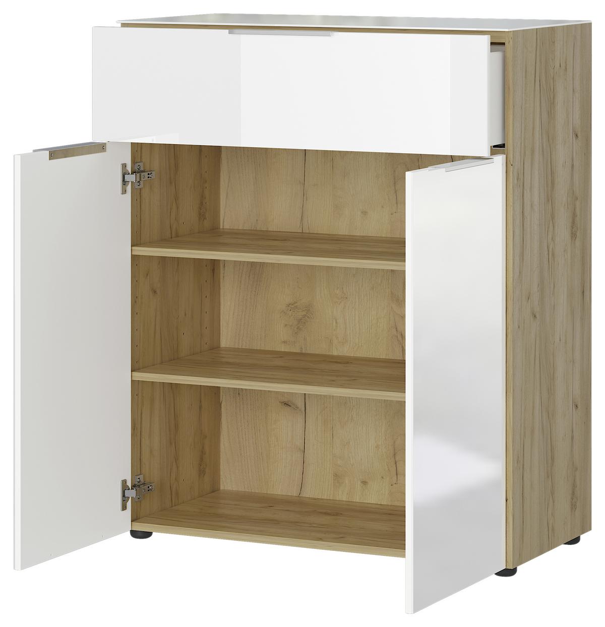 Kommode mit Glasfront B: 83 cm GW-Oakland, Weiß/Eiche Dekor - Eichefarben/Schwarz, KONVENTIONELL, Glas/Holzwerkstoff (83/102/42cm) - Germania