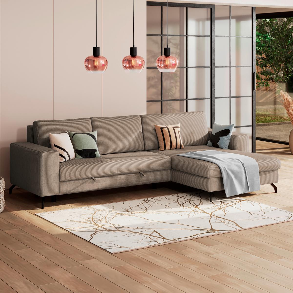 Ecksofa mit Schlaffunktion & Bettkasten Cloud Beige Cord - Beige, Trend, Textil (290/178cm)