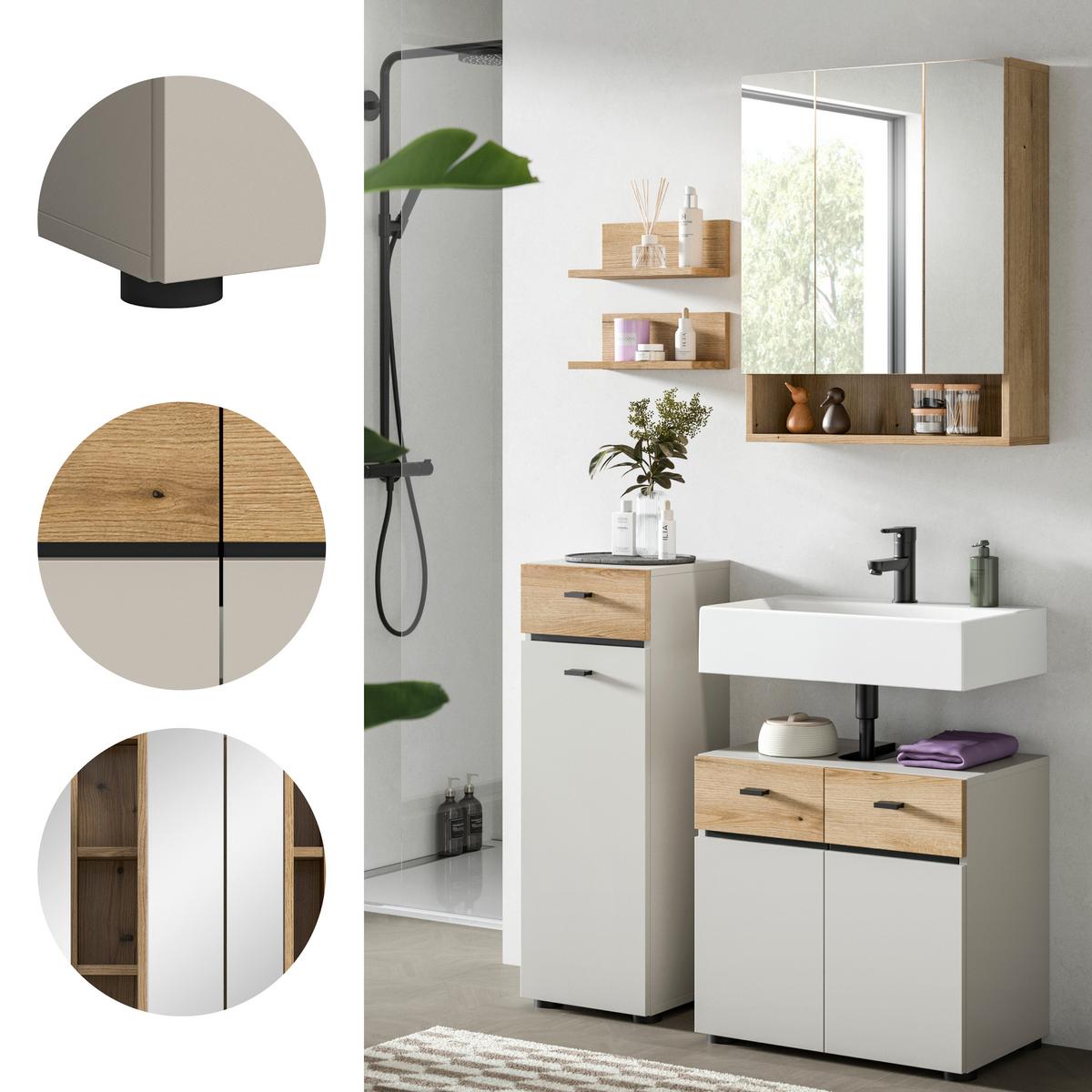 Badezimmer Aqua Kaschmir/Eichefarben B: 92cm - Kaschmir/Eichefarben, Trend, Glas/Holzwerkstoff (92cm) - MID.YOU