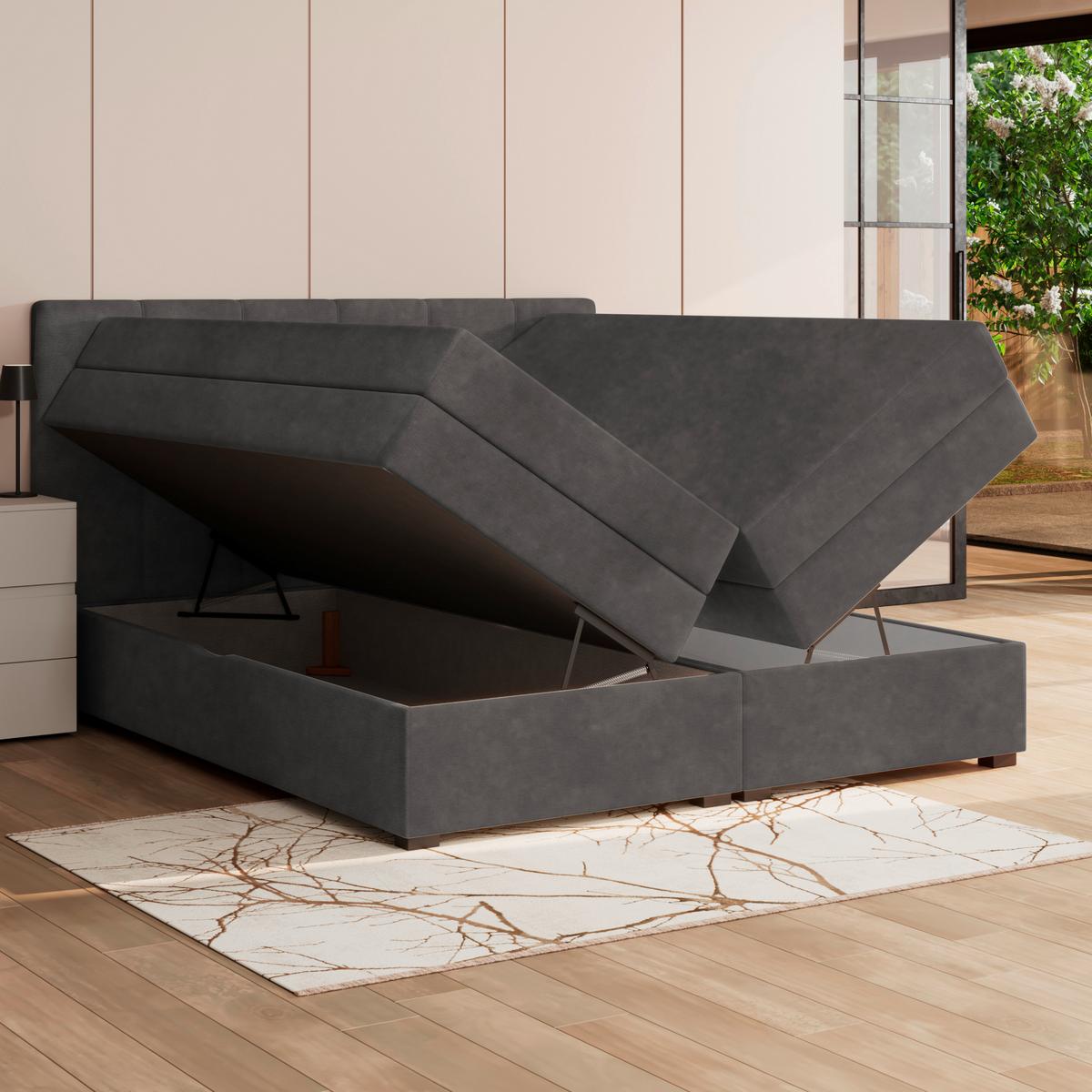Boxspringbett mit Topper & Bettkasten 160x200 Lauro - Anthrazit/Schwarz, Trend, Textil (160/200cm)