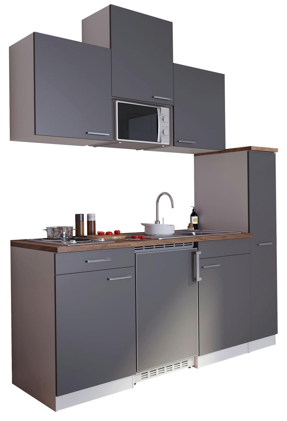 Küchenzeile Economy mit Geräten 180 cm Grau/Nussbaum Dekor - Nussbaumfarben/Weiß, Basics, Holzwerkstoff (180cm) - Respekta