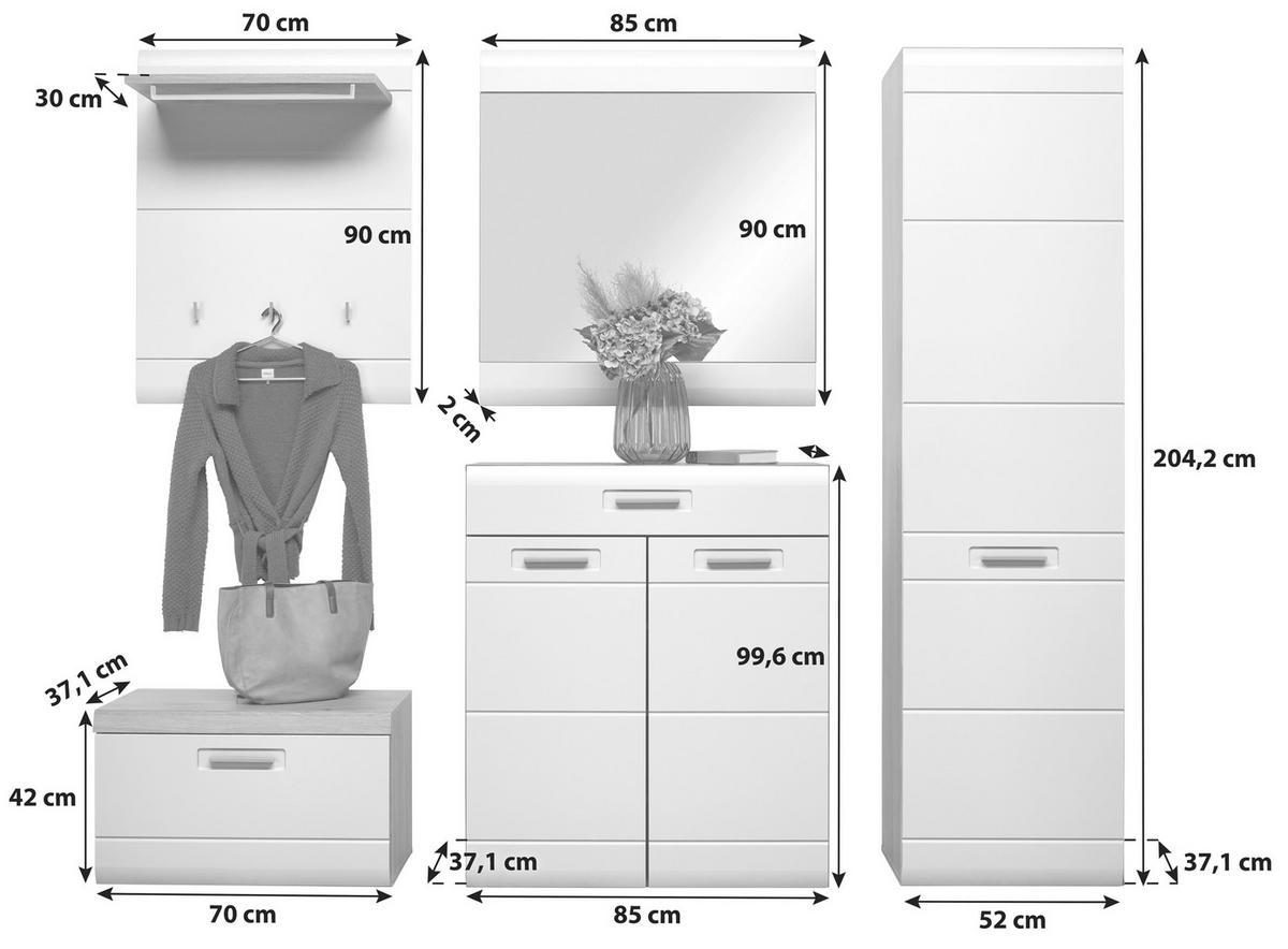 Garderoben-Set Auris Weiß/Eiche Dekor 5--Teilig. - Eichefarben/Weiß, MODERN, Holzwerkstoff (207/204,2/37,1cm) - Luca Bessoni