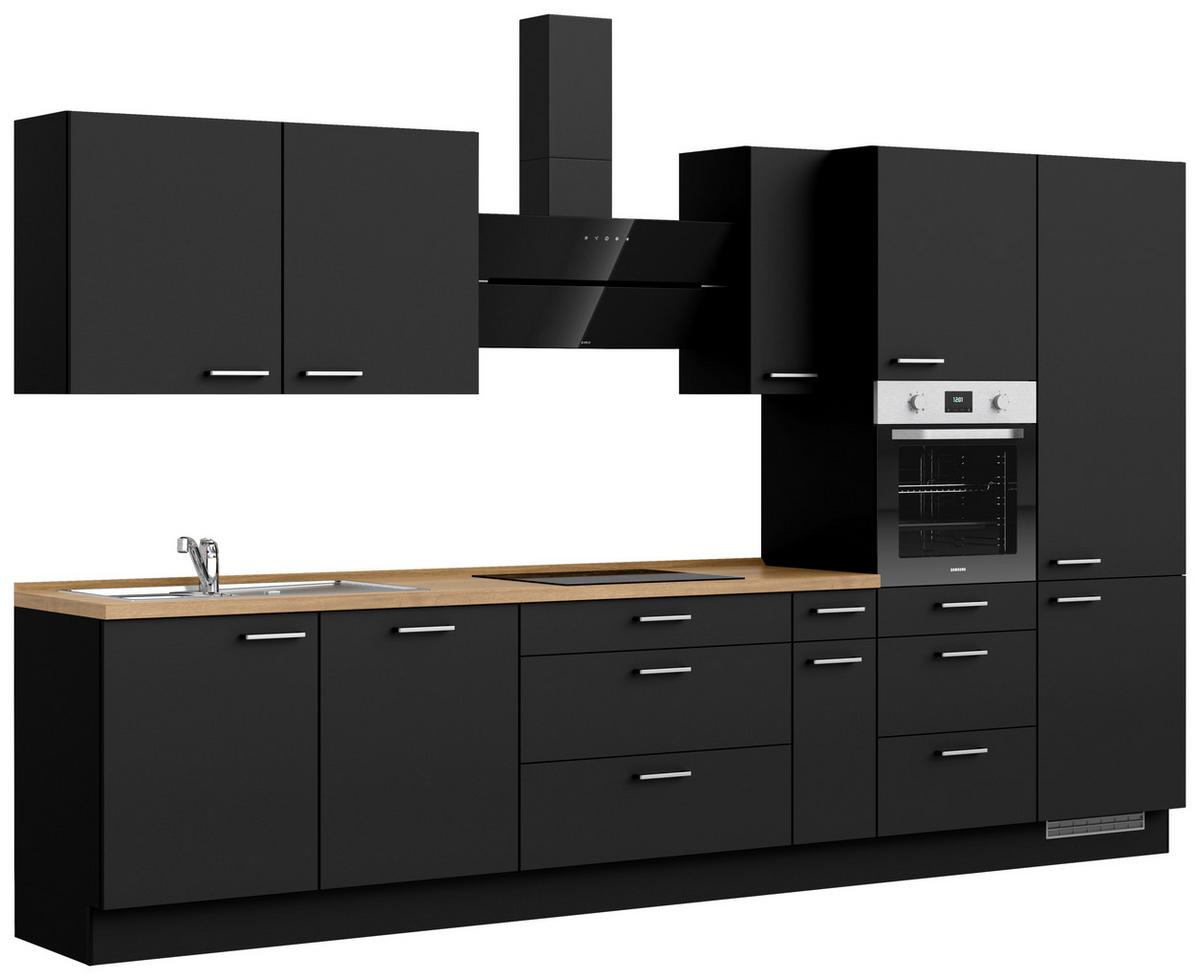 Kuchyňská linka 360 cm, černá matná/ barva dub - černá/barvy dubu, Moderní, kov/kompozitní dřevo (360cm) - Nobilia