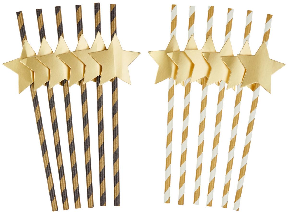 Szívószálszett Stripes & Stars - fekete/arany, Design, papír (20cm)