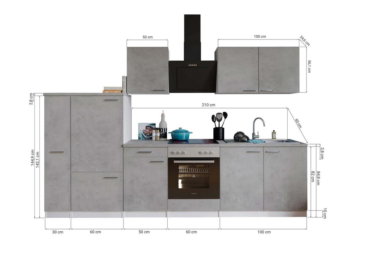 Küchenblock Malia B: 300 cm Grau, mit Geräte - Weiß/Grau, Basics, Holzwerkstoff (300cm) - Respekta