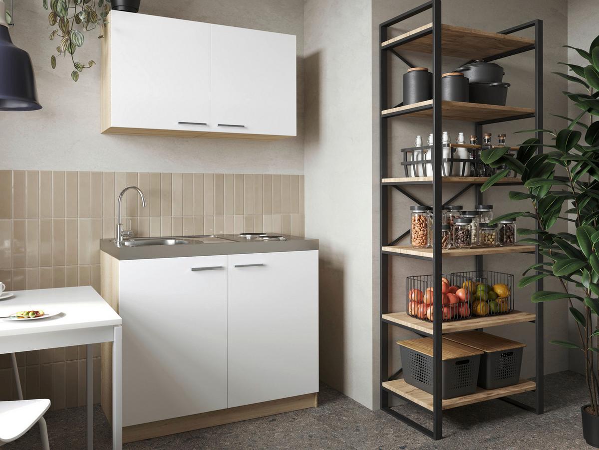 Miniküche Merle Weiß/Eiche Dekor B:100cm - Eichefarben/Weiß, Basics, Holzwerkstoff/Metall (100cm) - Respekta