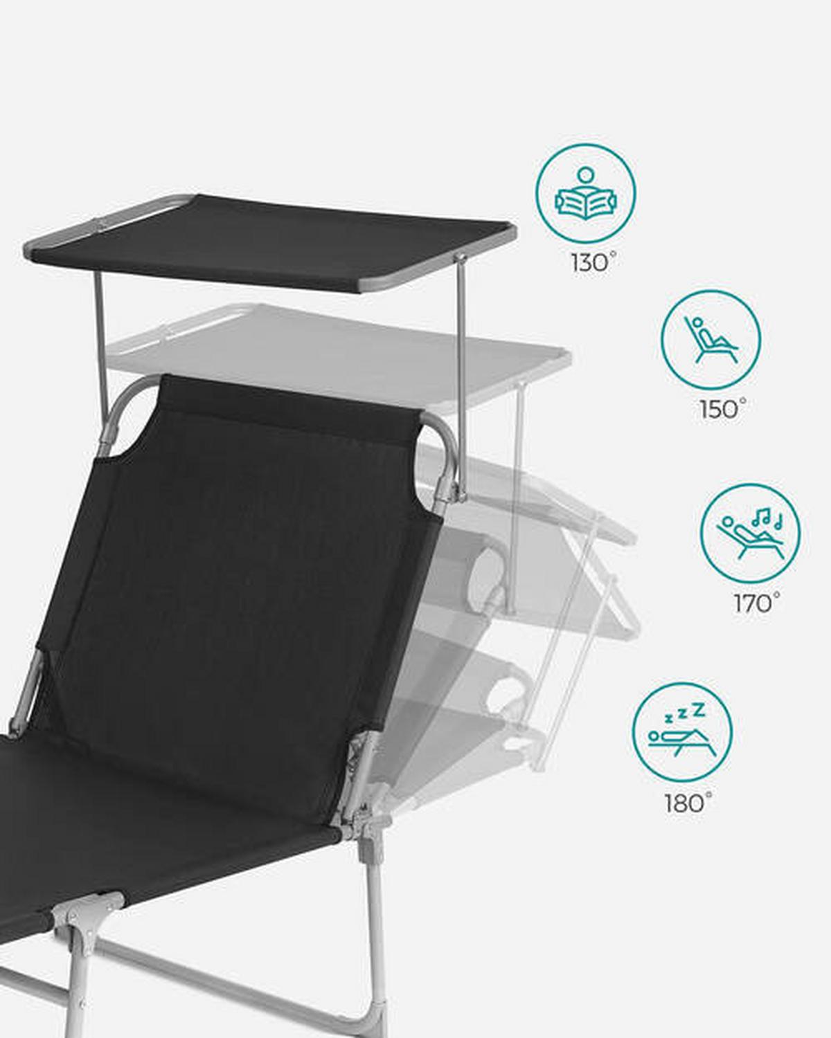 Sonnenliege Schwarz inkl. Sonnendach, B: 53 cm - Schwarz, Basics, Textil/Metall (53/29,5/193cm) - Modante