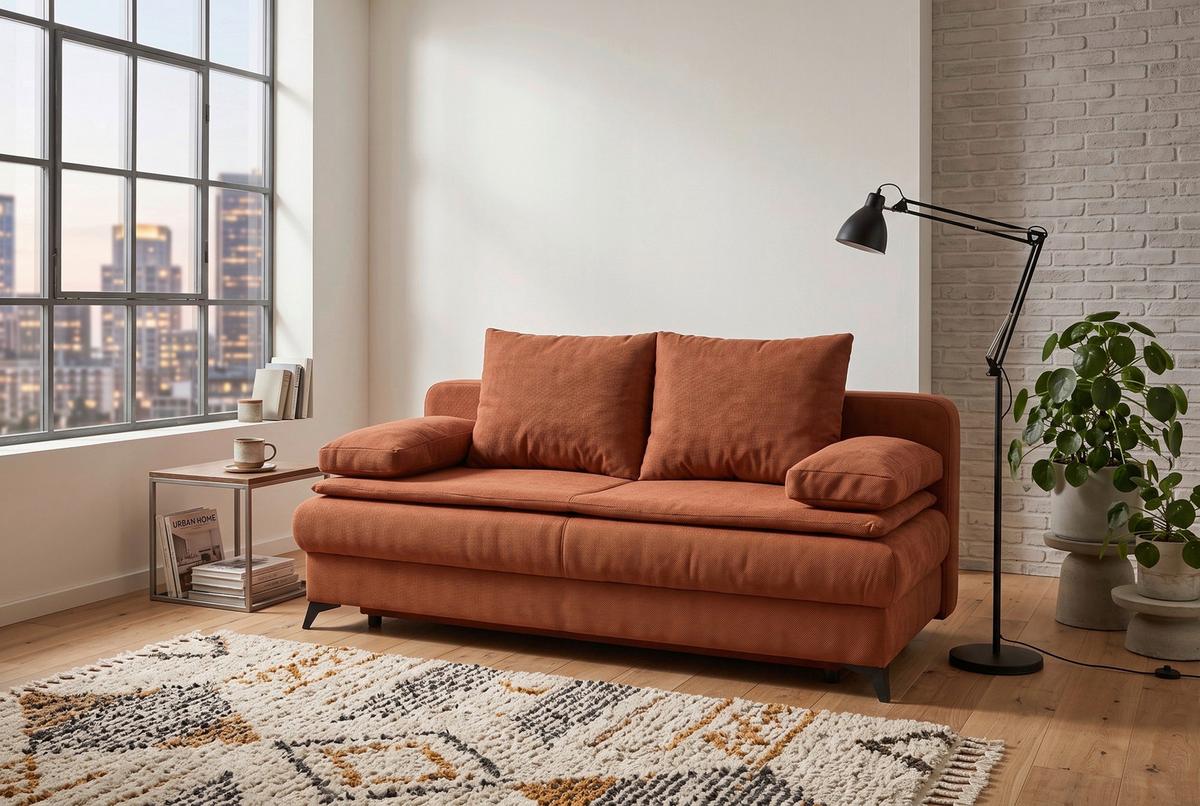 Rozkladacia pohovka KEN, hrdzavá - oranžová/čierna, Konventionell, kompozitné drevo/textil (209/105cm) - Based