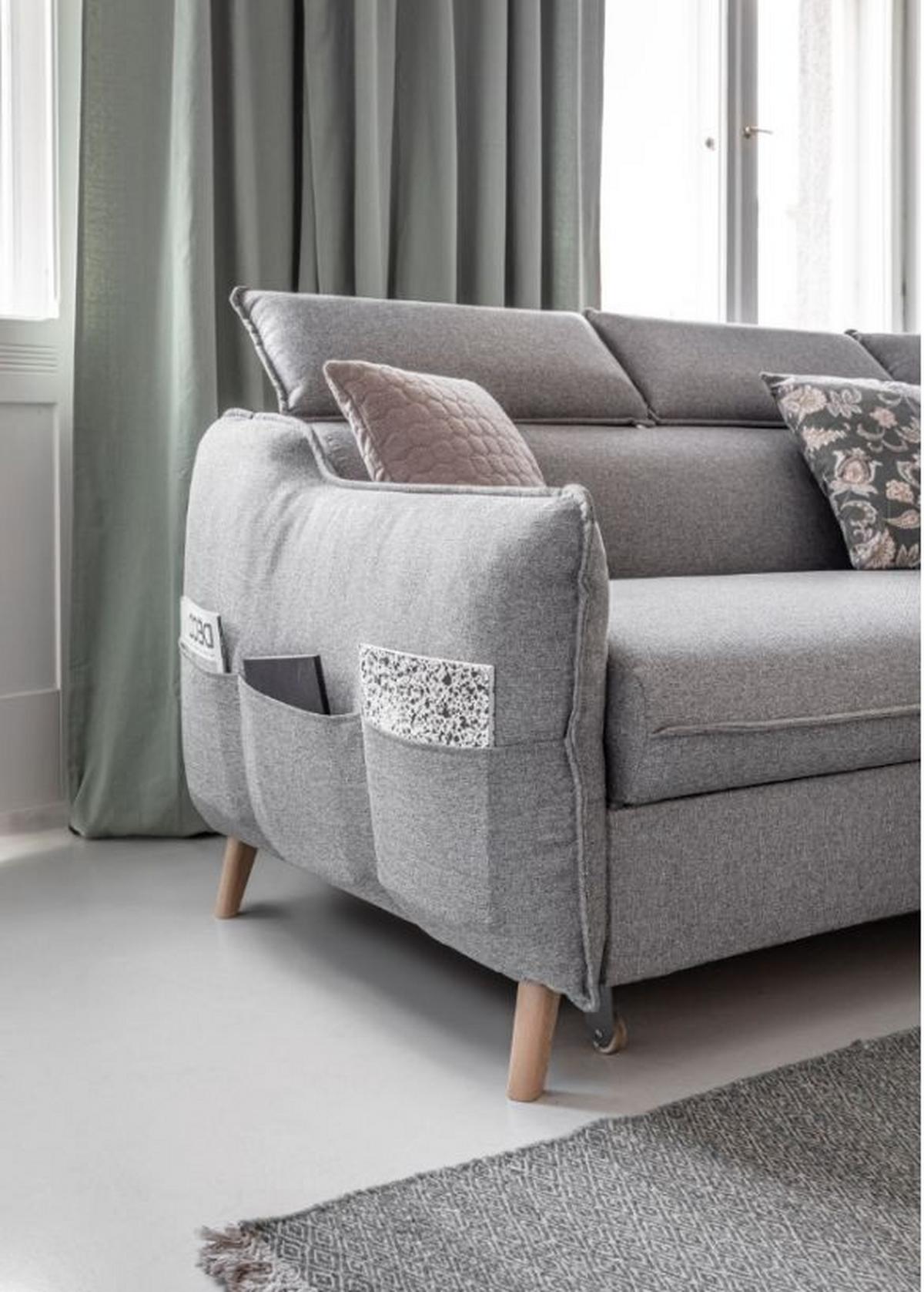 Rozkládací sedačka Simone, pravé provedení - světle šedá/přírodní barvy, Moderní, dřevo/textil (253/82/95/208cm)
