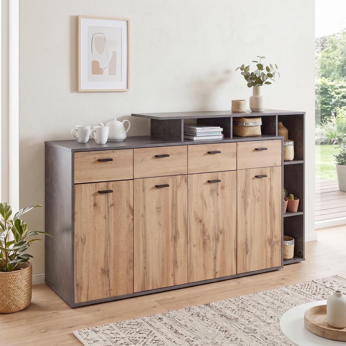 Kommode mit Aufsatz B 190cm Tom, Eiche Dekor/Beton Optik - Eichefarben/Grau, MODERN, Holz (190/105/40cm)