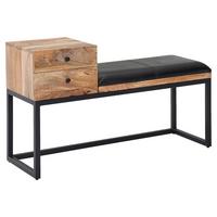 Dlhá taburetka mangové drevo - čierna, Modern, kov/koža (100/60/35cm) - MID.YOU