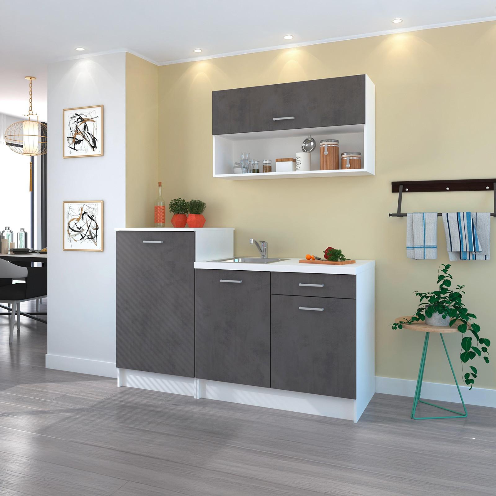 Miniküche Smart ohne Geräte 160 cm Betonoptik/Weiß