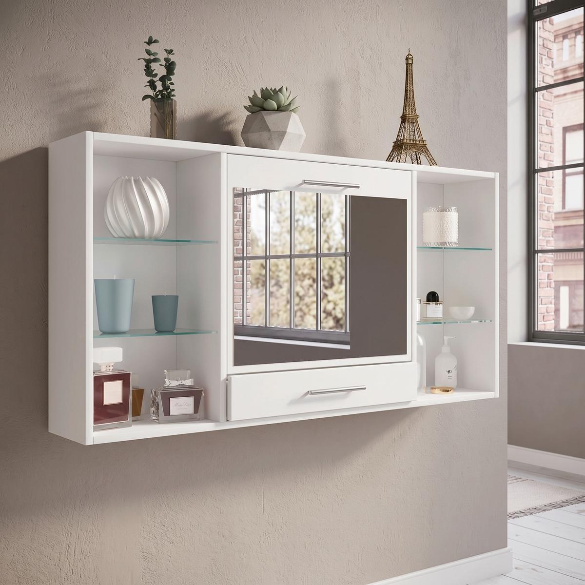 Nástěnný regál se zrcadlem š: 115 cm, bílý - bílá/barvy hliníku, Moderní, kov/kompozitní dřevo (112/60/19,7cm) - MID.YOU