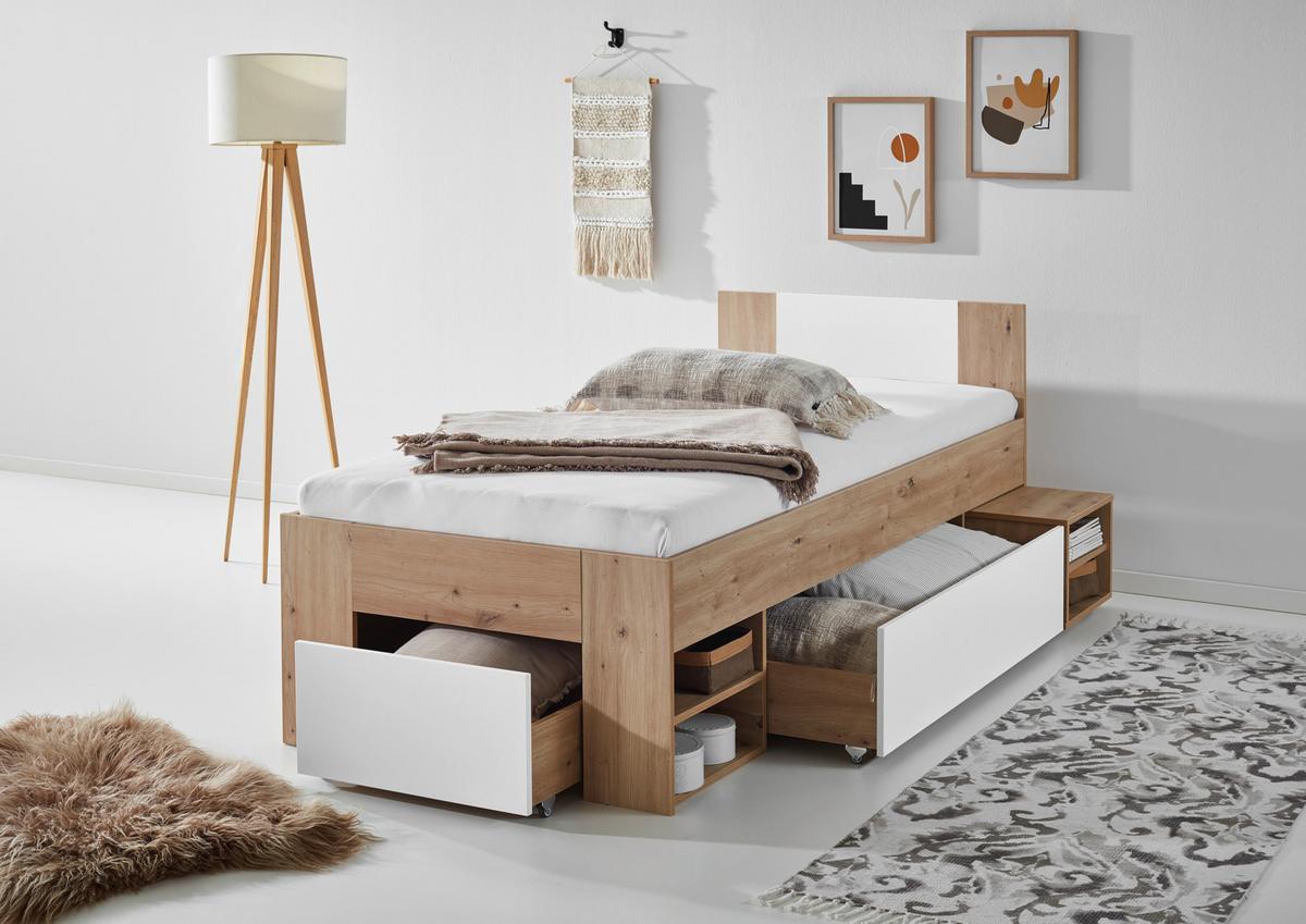 Stauraumbett mit Bettladen 90x 200cm Azurro Weiß/Eiche - Eiche Artisan/Weiß, MODERN, Holzwerkstoff (90/200cm)