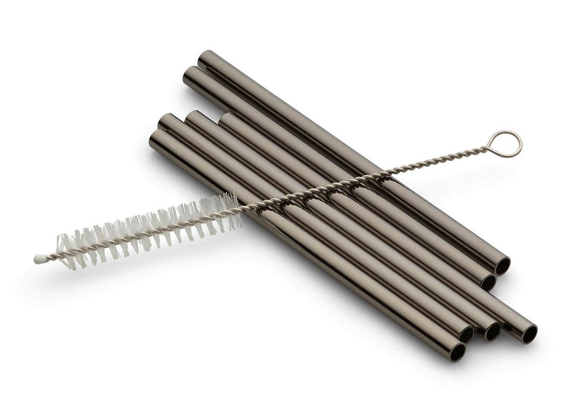 Trinkhalmset 6 Stück Inkl. Bürste, Metall, Schwarz - Schwarz Hochglanz, Basics, Metall (12cm) - Echtwerk