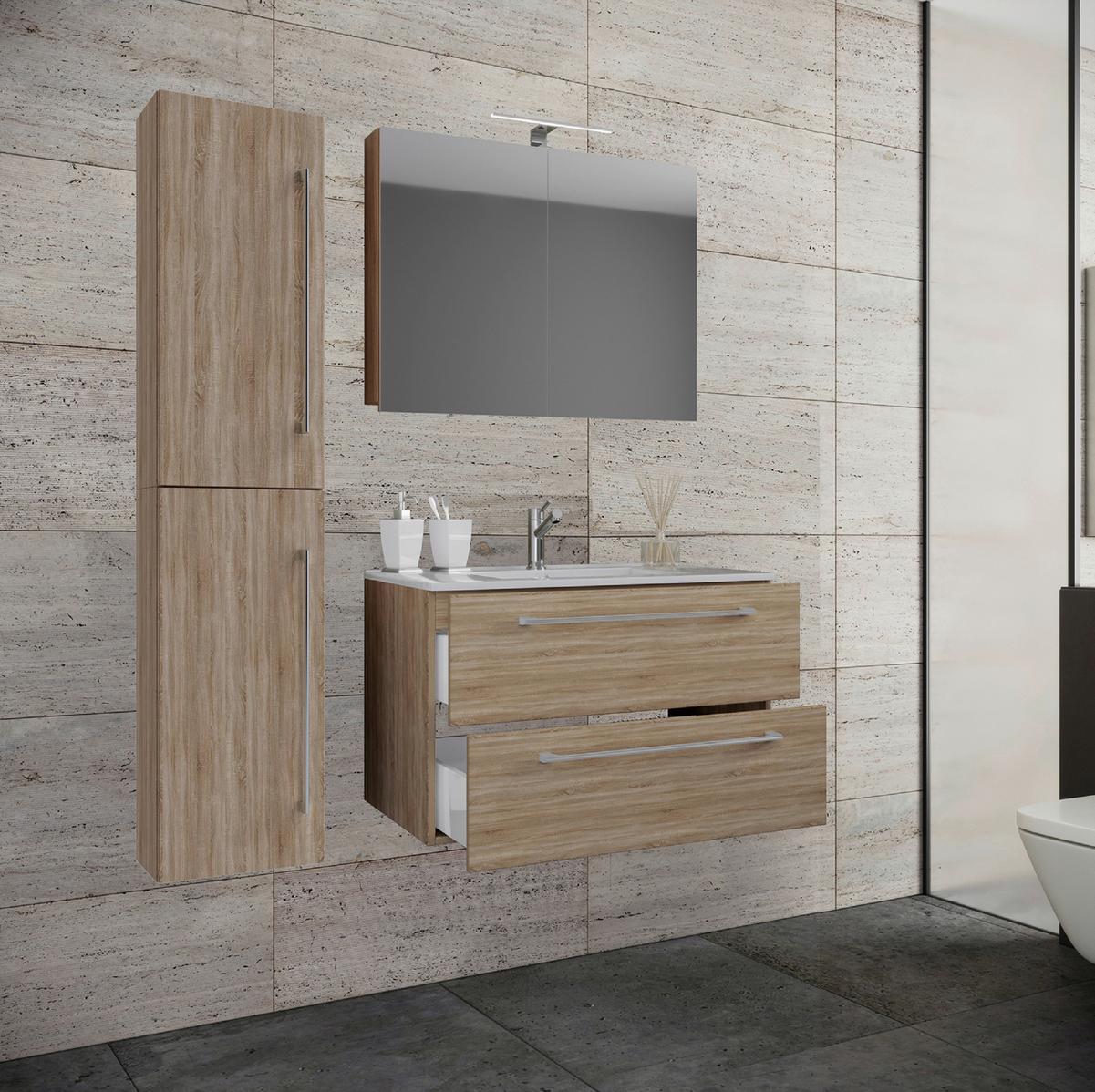 Badezimmer Badinos 4-teilig Sonoma Eiche B: 81 Cm - Weiß/Sonoma Eiche, MODERN, Keramik/Holzwerkstoff (113cm) - MID.YOU