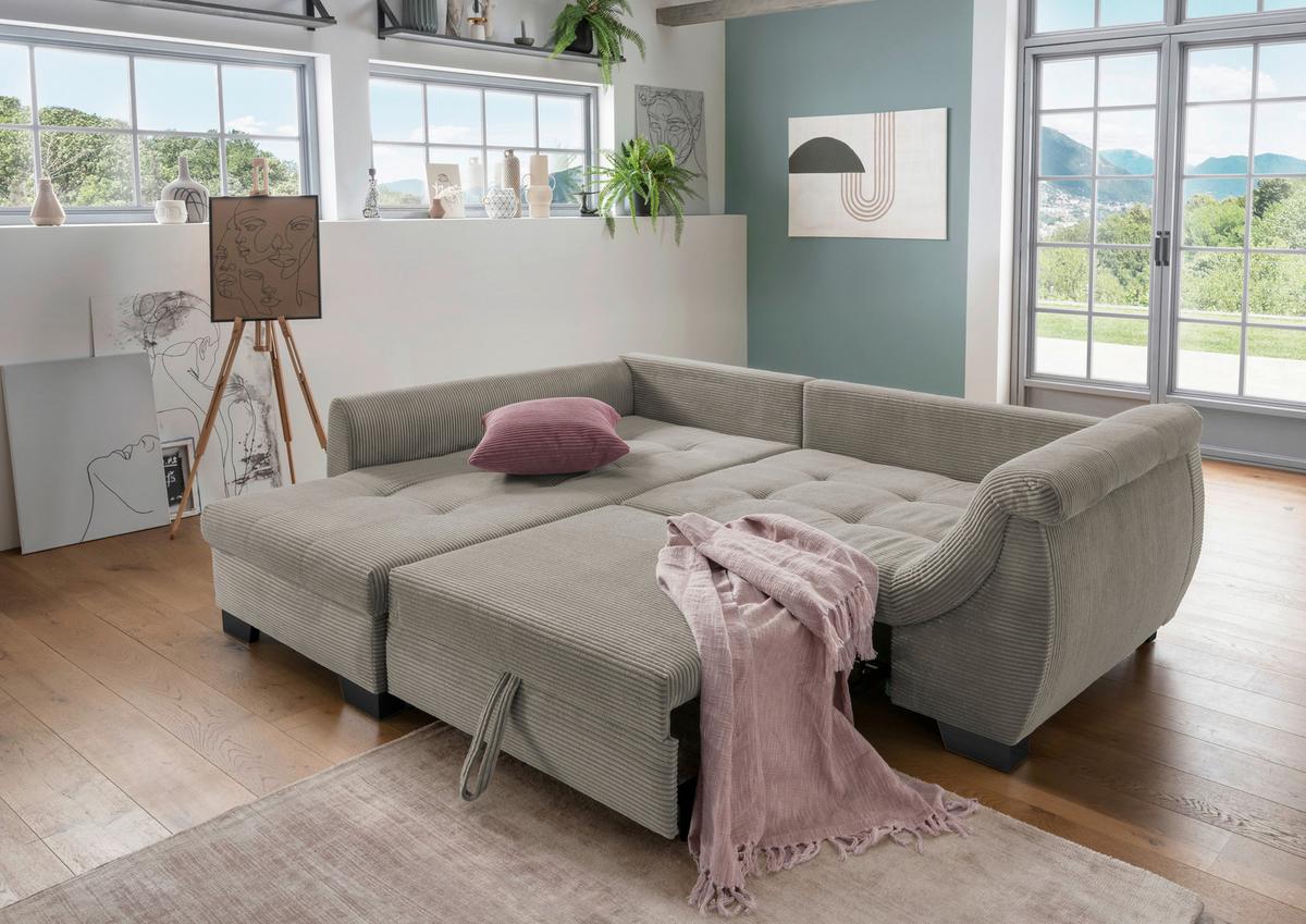 Ecksofa mit Schlaffunktion Flora Graubraun Cord - Koralle/Graubraun, Design, Textil (190/250cm) - MID.YOU