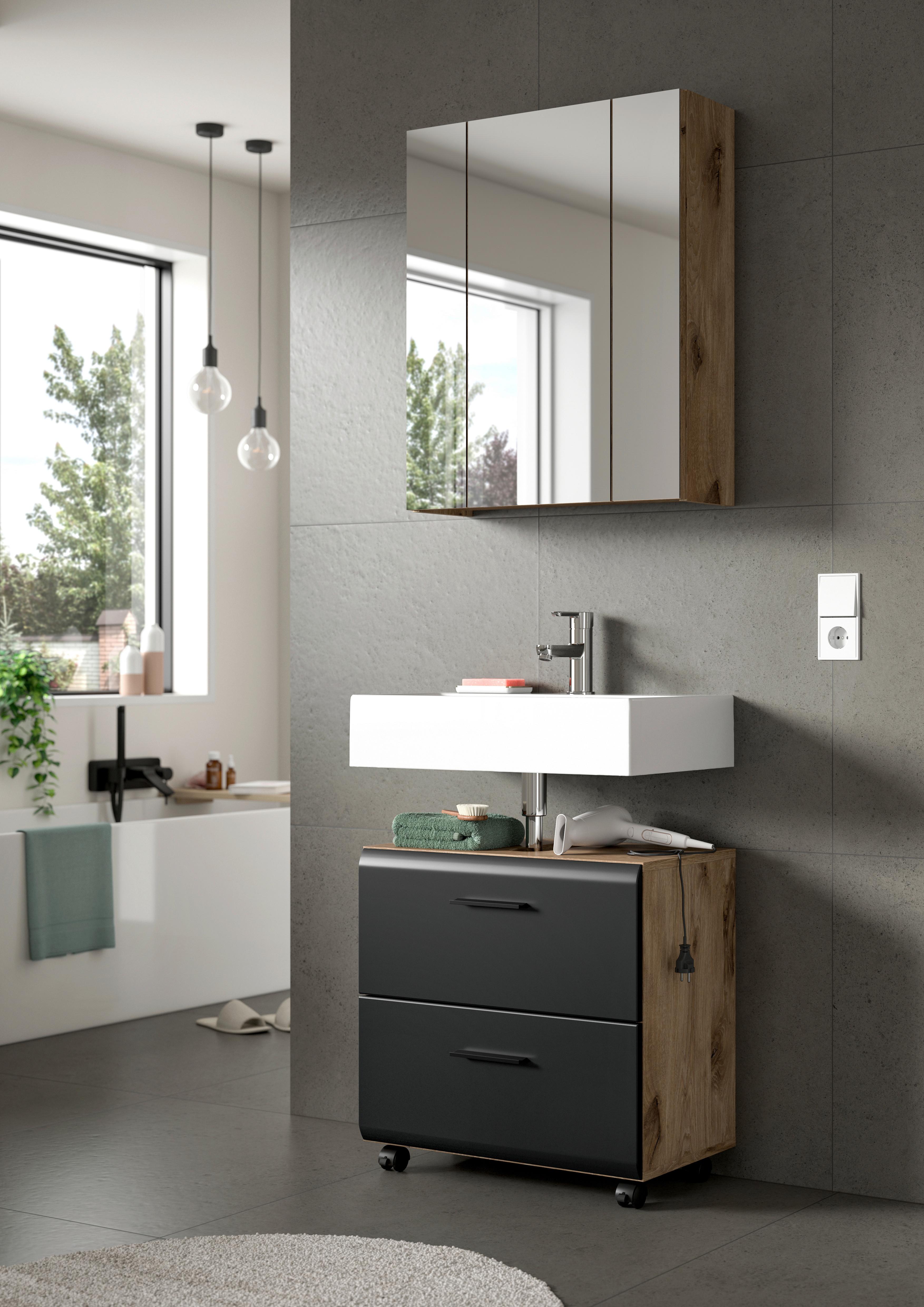 Badezimmer Ice Schwarz /Eiche dunkel Dekor B: 60cm - Eiche dunkel/Schwarz, Trend, Glas/Holzwerkstoff (60cm) - MID.YOU