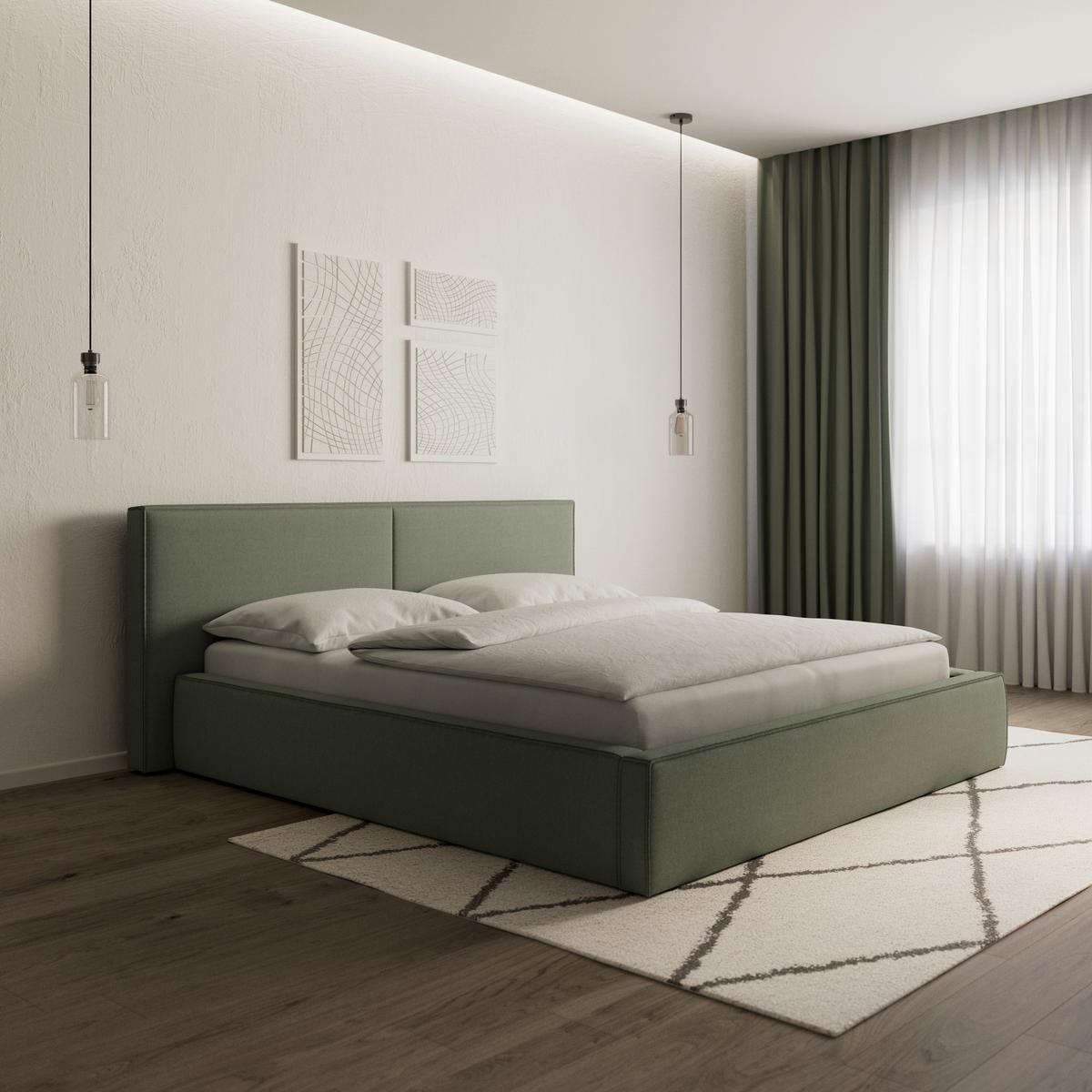 Čalouněná postel SERENA 180x200 cm, olivově zelená - černá/olivově zelená, Moderní, kov/dřevo (180/200cm) - Bessagi Home