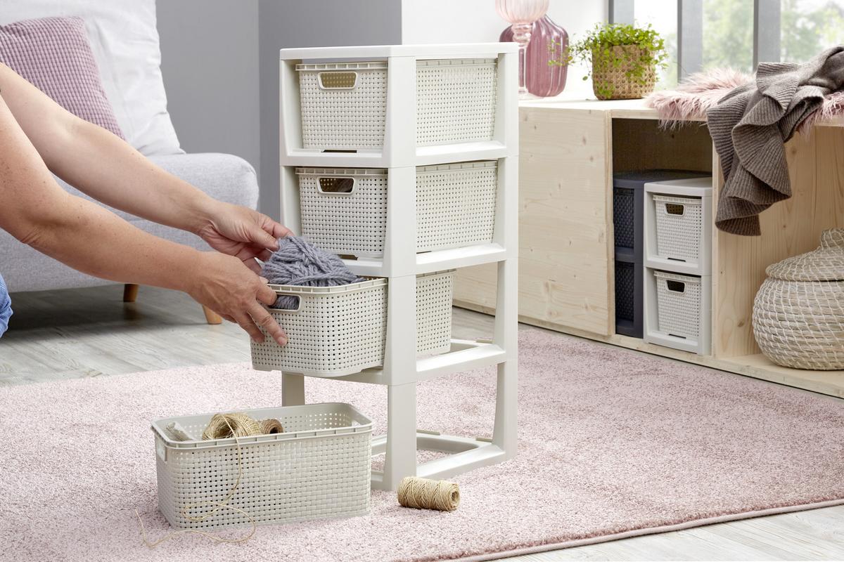Schubladenbox Rattan Creme , Anthrazit 24,1x29,6x64 cm - Anthrazit/Creme, Basics (24,1/29,6/64cm) - Ondega