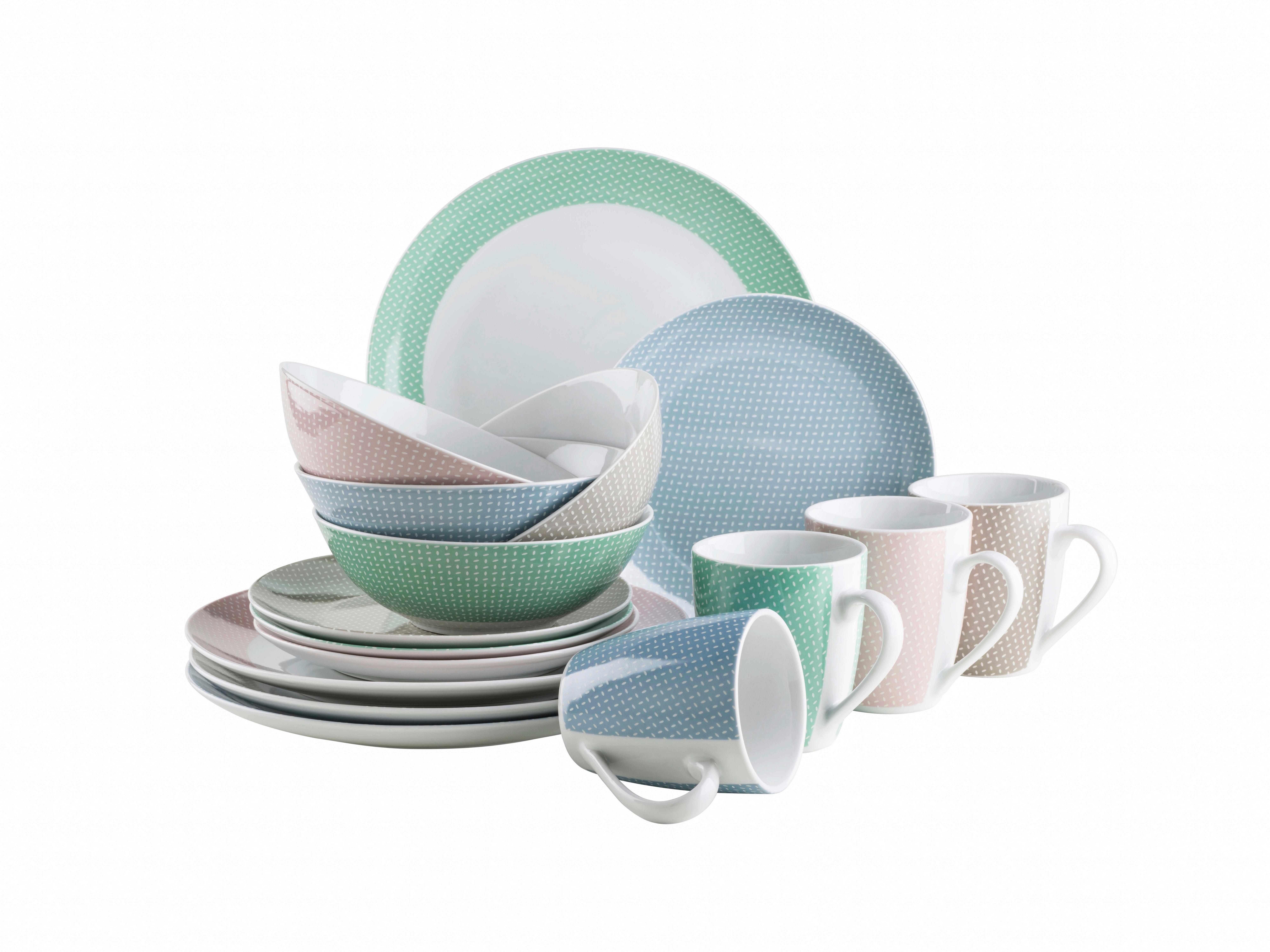 Kombiservice 4 Personen Geschirr Set - Pastellblau/Hellrosa, Basics, Keramik - Mäser