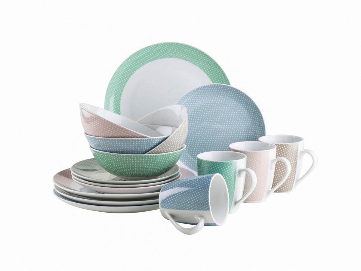 Kombiservice 4 Personen Geschirr Set - Pastellblau/Hellrosa, Basics, Keramik - Mäser