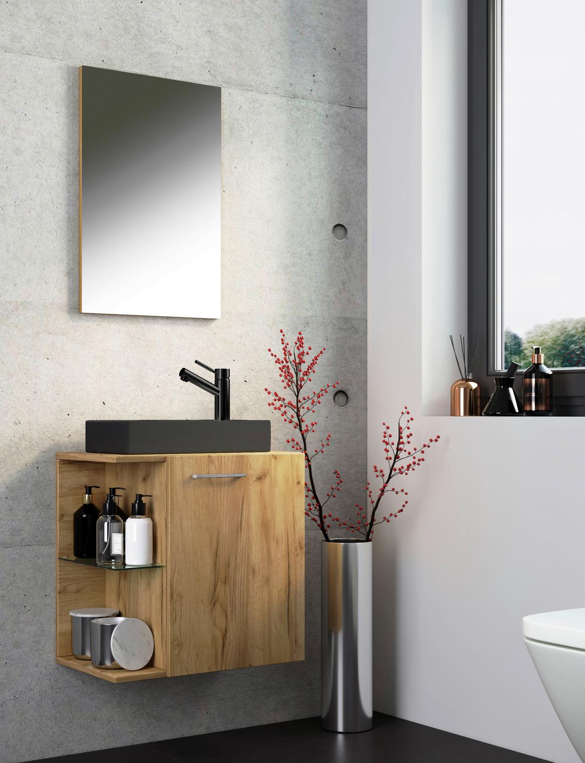 Gästebad Hausa Bl - Honigeiche/Schwarz, MODERN, Glas/Keramik (52cm) - MID.YOU